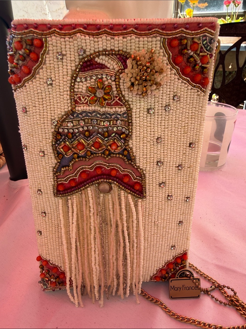 Mary Frances Cream Beaded Fringe Crossbody with Coral and Gold Accents
